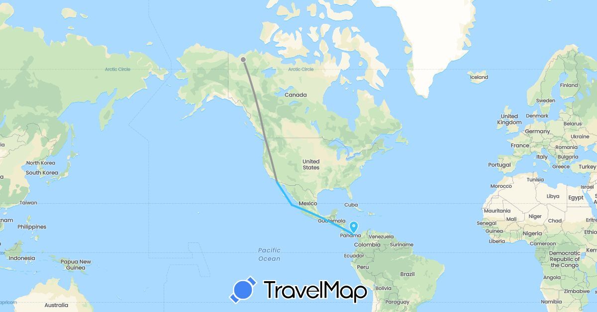 TravelMap itinerary: driving, plane, boat in Canada, Mexico, Panama, United States (North America)